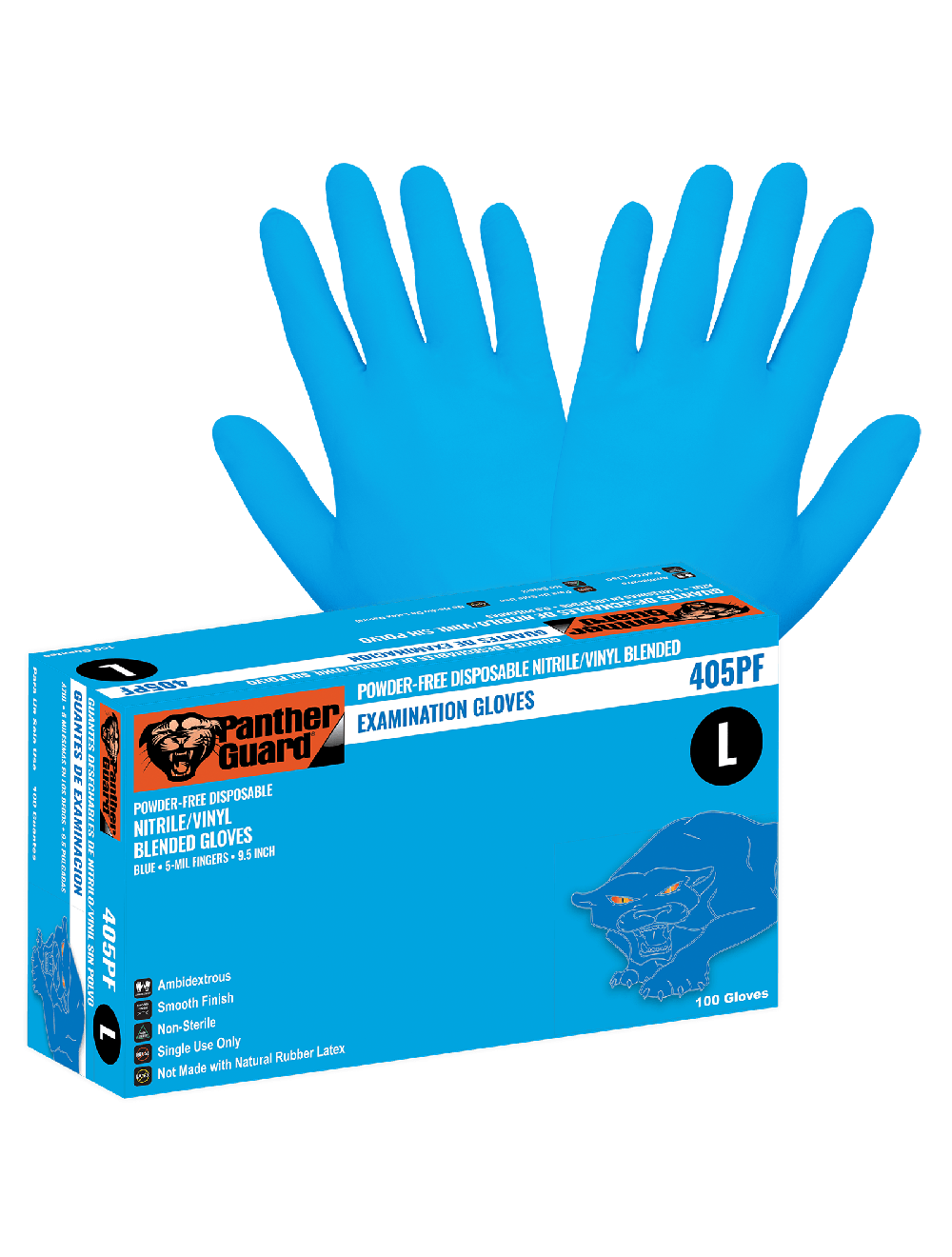 Panther-Guard® Medical-Grade, Powder-Free, Blue Nitrile/Vinyl Blended, 5-Mil, Smooth Finish, 9.5-Inch Disposable Examination Gloves - 405PF