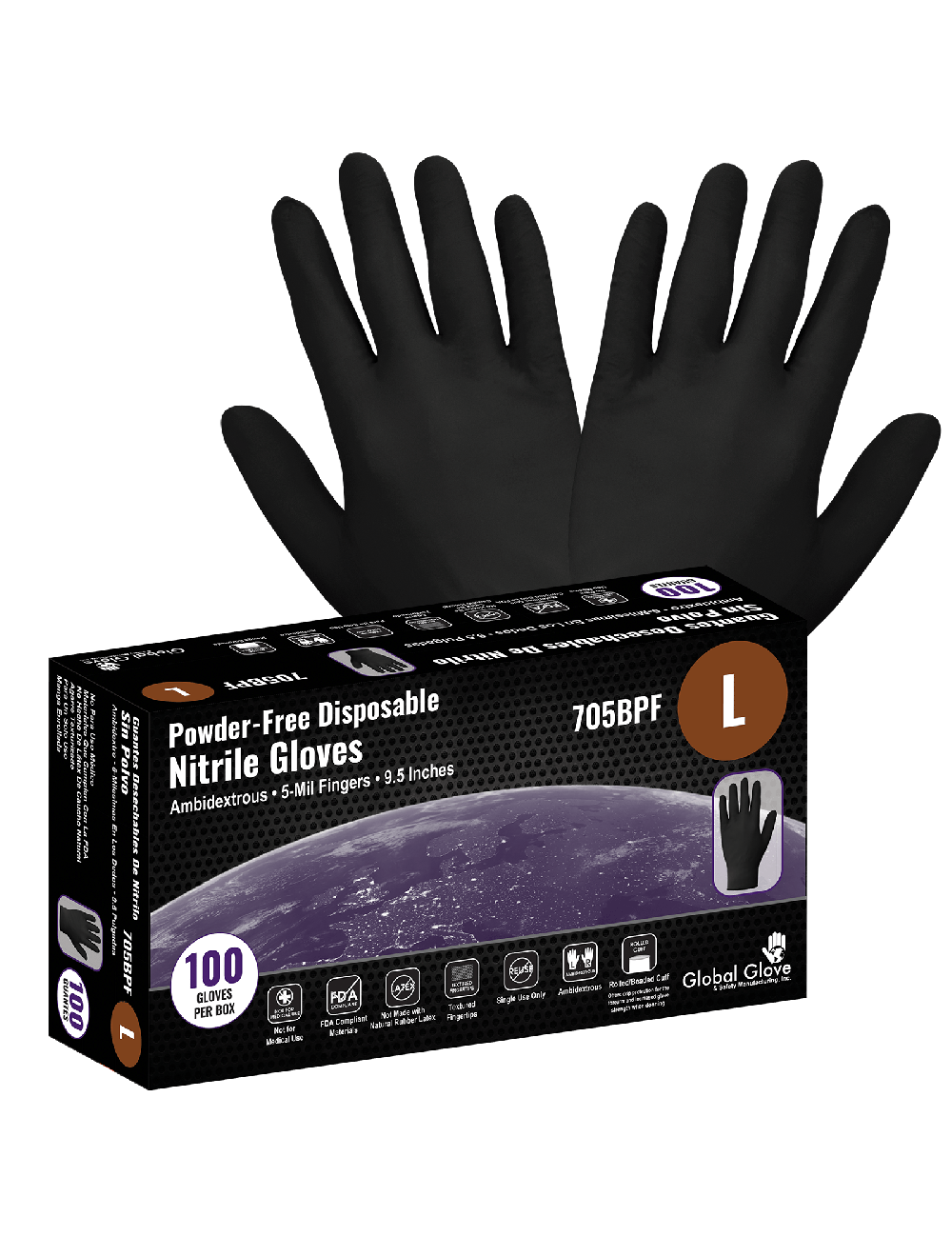NITRILE, POWDER-FREE, INDUSTRIAL-GRADE, BLACK, 5-MIL, TEXTURED FINGERTIPS, 9.5-INCH DISPOSABLE GLOVES - 705BPF