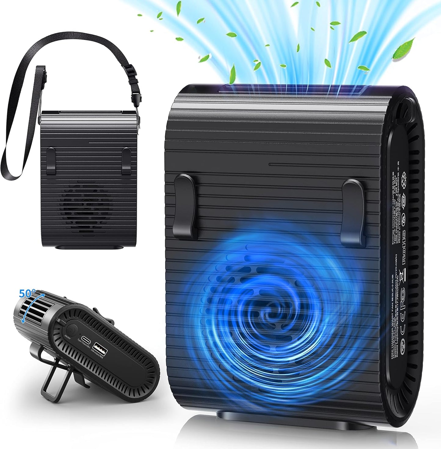 Portable Mini Waist Clip Fan, 8000mAh Battery Operated 3 Speeds Personal Neck & Belt Fans, Rechargeable Hands Free Wearable body Fan, Perfect for Camping, Outdoor, Travel, Hiking, Farm - TS083