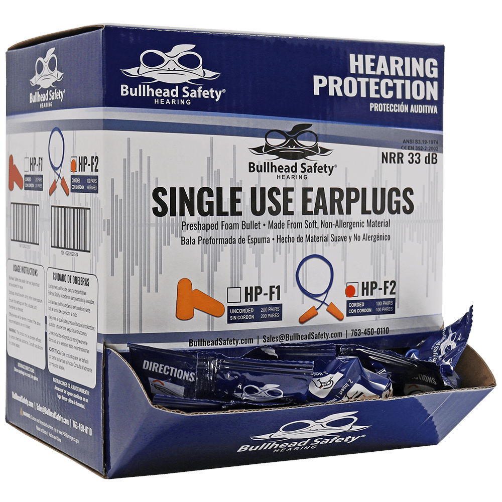 Bullhead Safety® Hearing Protection Corded Polyurethane Foam NRR 33 dB Earplugs - HP-F2