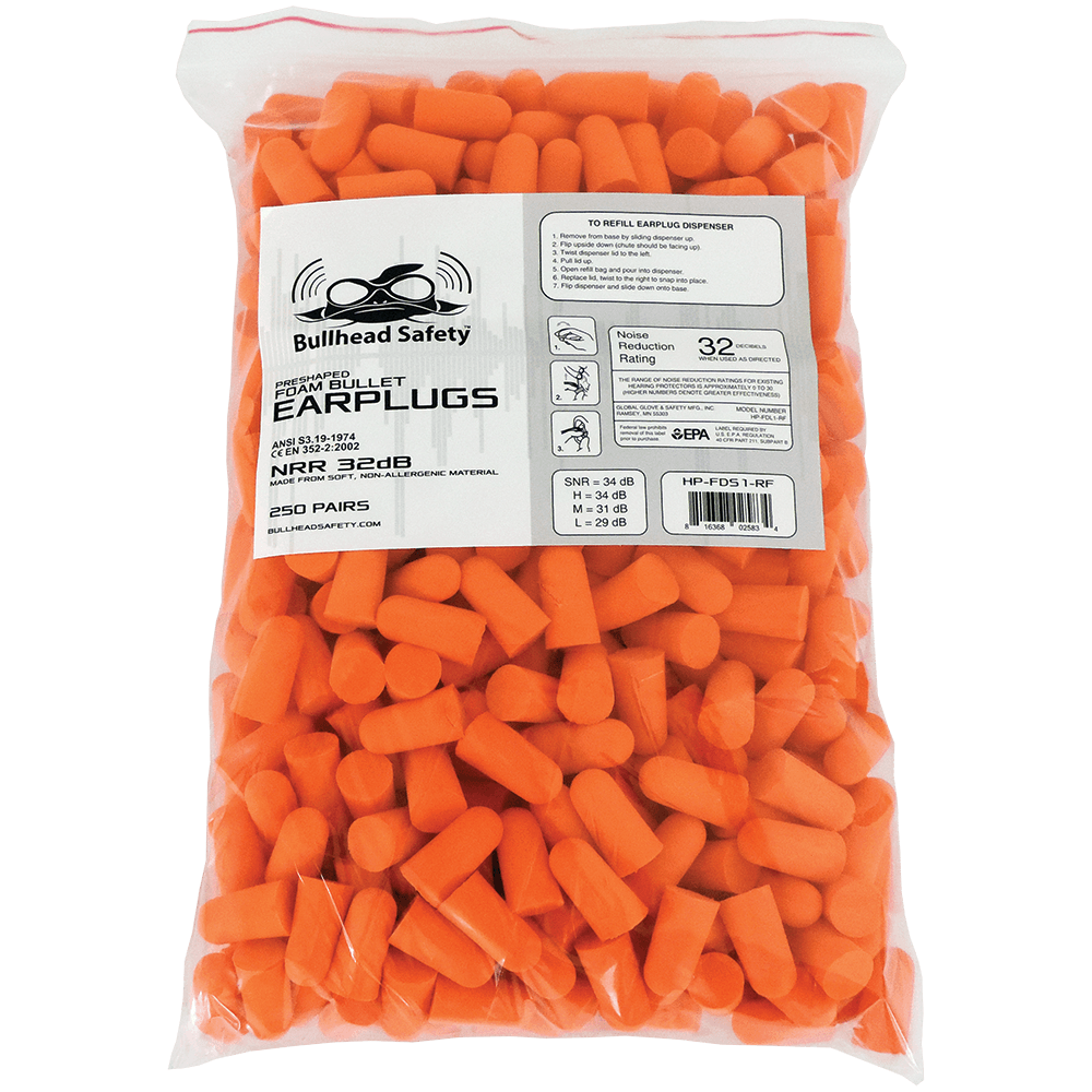 Bullhead Safety® Hearing Protection PVC-Free Polyurethane Foam NRR 32 dB Earplug 250 Pair Refill Pack - HP-FDS1-RF