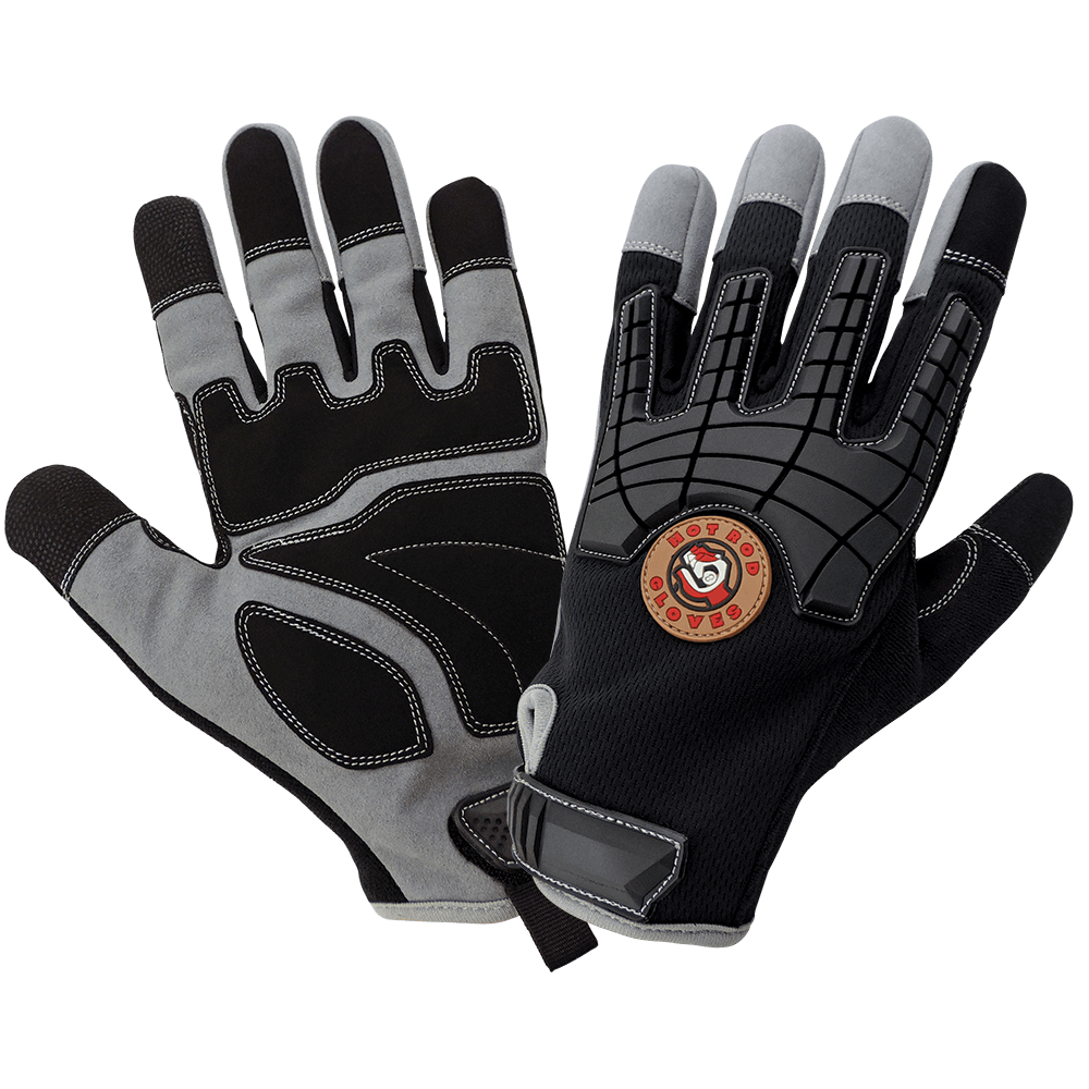 Hot Rod Gloves® Premium Synthetic Leather Palm Performance Mechanics Style Gloves with a Cut Resistant Liner, Impact Protection, and a Mesh Back - HR8200KEV