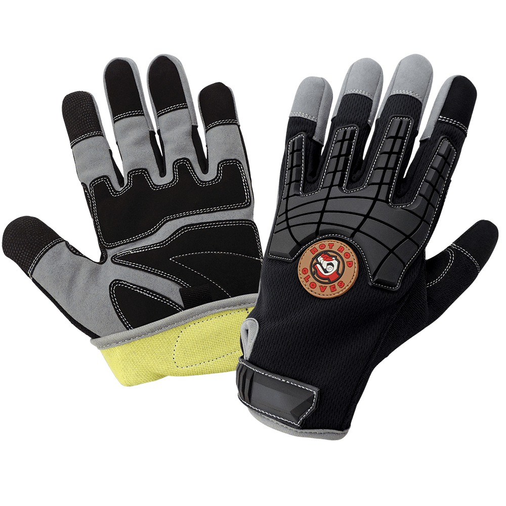 Hot Rod Gloves® Premium Synthetic Leather Palm Performance Mechanics Style Gloves with a Cut Resistant Liner, Impact Protection, and a Mesh Back - HR8200KEV