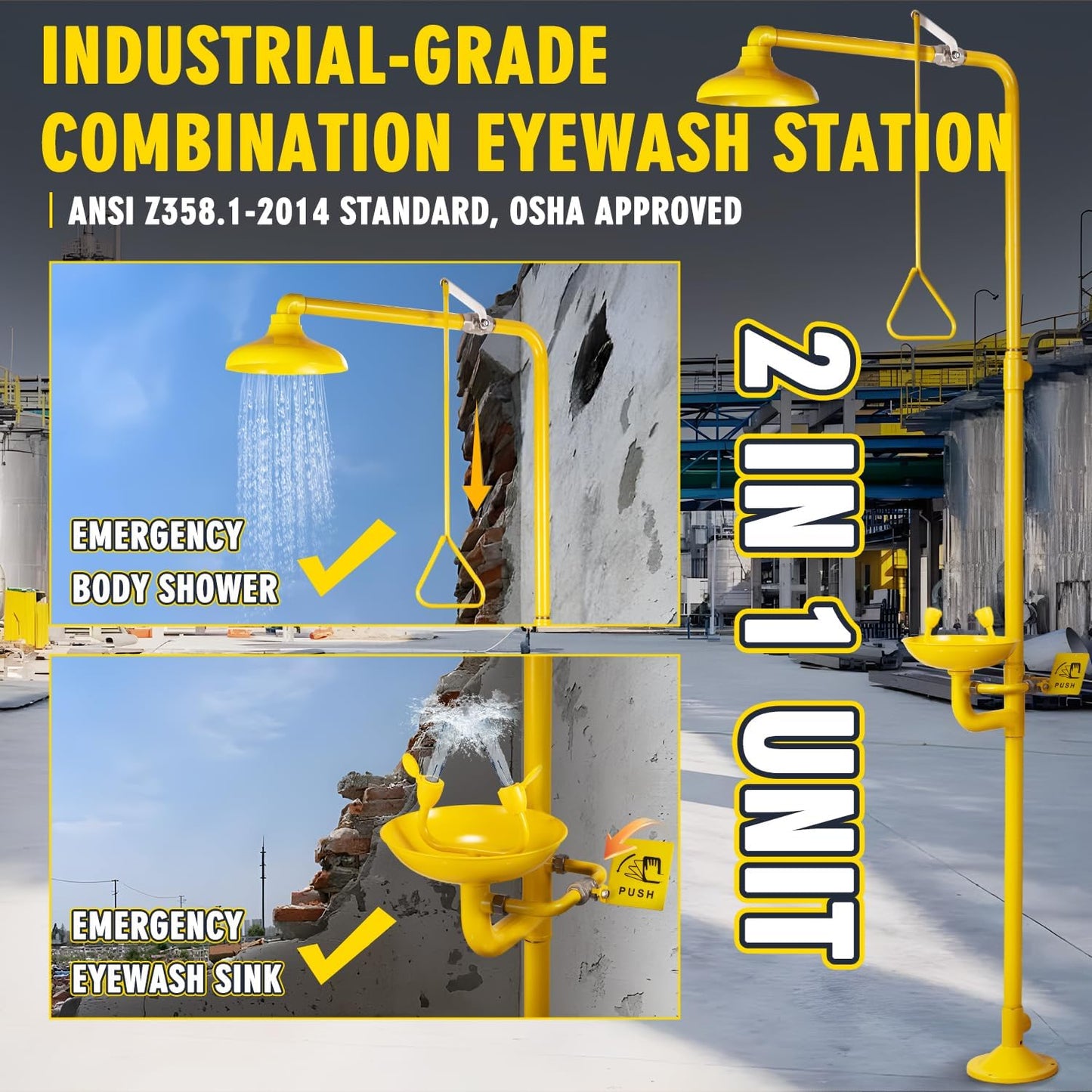 Emergency Shower Eye Wash Station Safety Shower Combination Eye Wash Station with Shower, NPT Thread, with Emergency Sign, 304 Stainless Steel+Yellow Coating