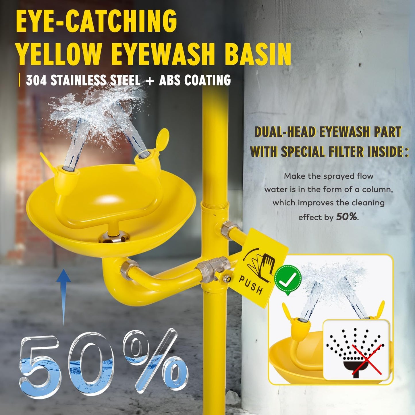 Emergency Shower Eye Wash Station Safety Shower Combination Eye Wash Station with Shower, NPT Thread, with Emergency Sign, 304 Stainless Steel+Yellow Coating