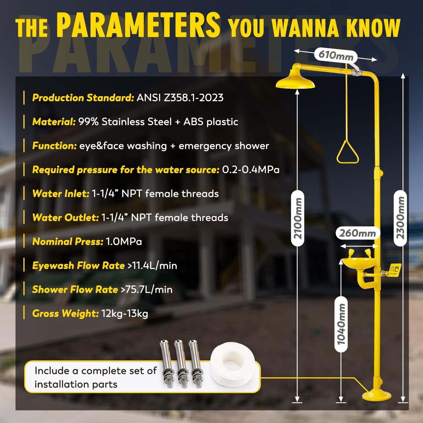 Emergency Shower Eye Wash Station Safety Shower Combination Eye Wash Station with Shower, NPT Thread, with Emergency Sign, 304 Stainless Steel+Yellow Coating