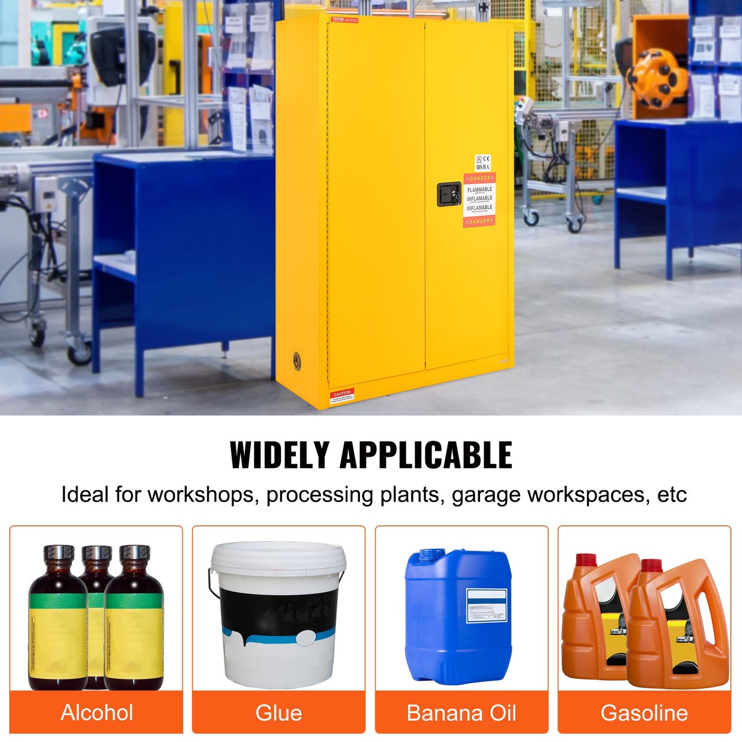 Flammable Safety Cabinet, 45 Gal, Cold-Rolled Steel Flammable Liquid Storage Cabinet, 42.9 x 18.1 x 65.2 in Explosion Proof with 2 Adjustable Shelves 2 Manual Doors for Industrial Use, Yellow
