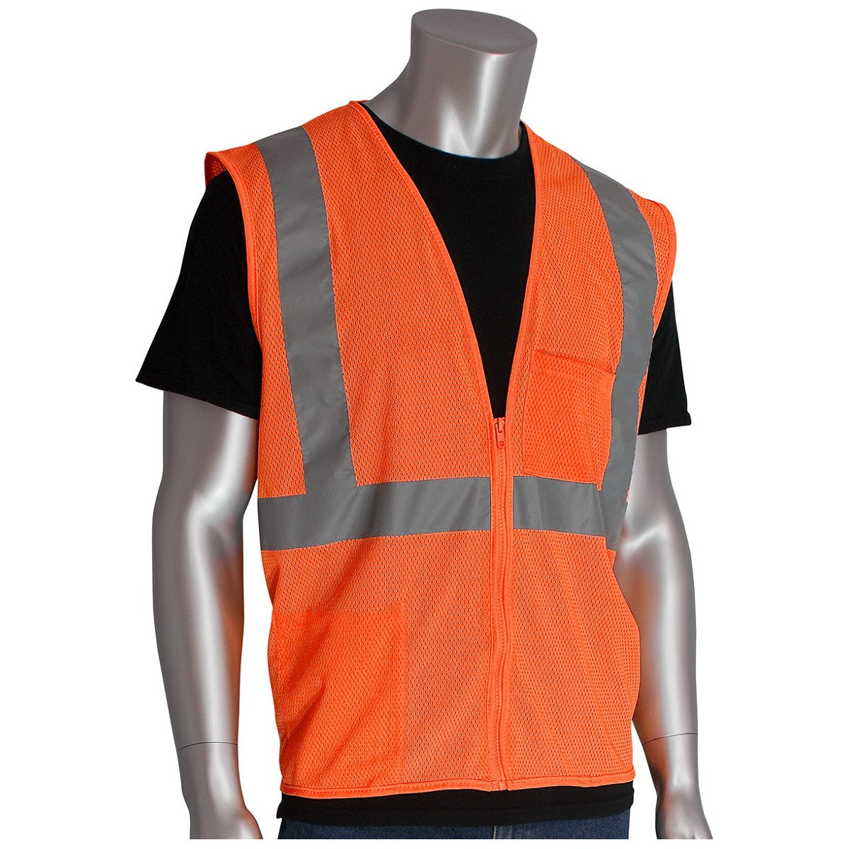 PIP 302-0702Z Type R Class 2 High Visibility Orange 2-Pocket Zipper Mesh Safety Vest