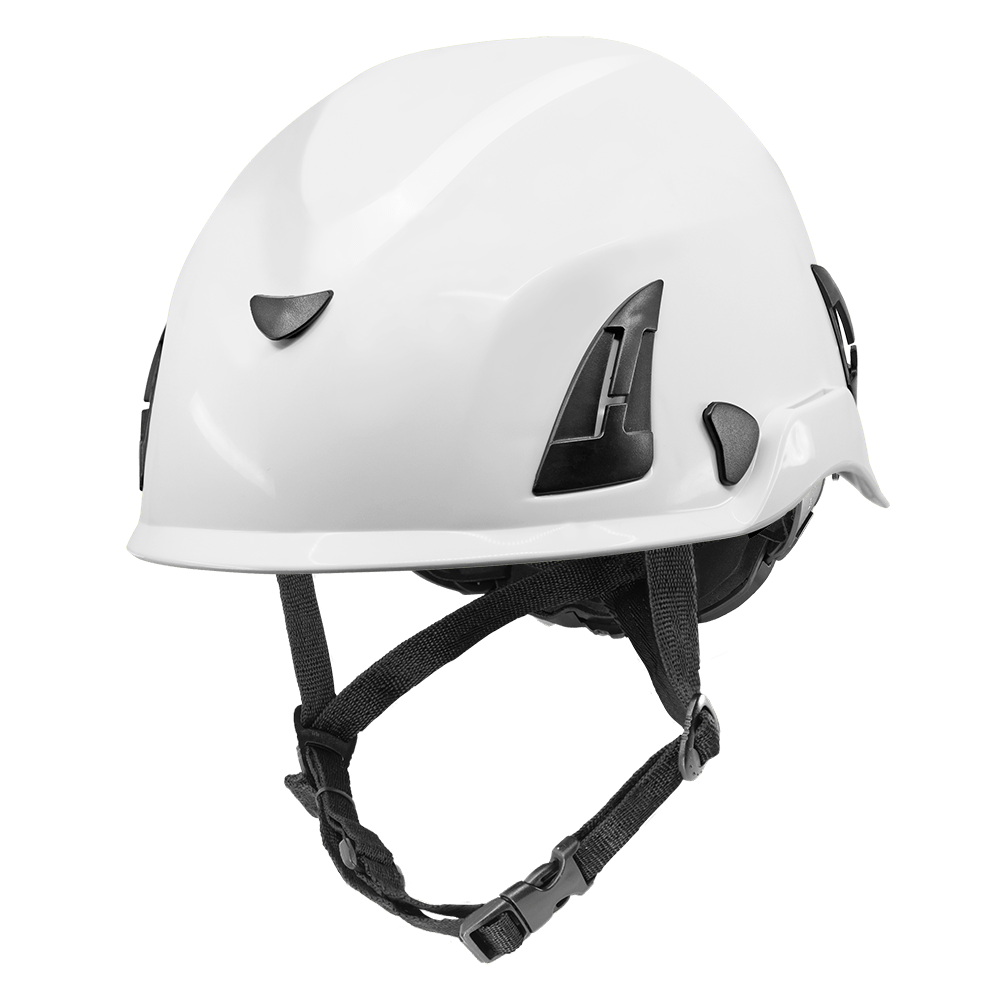 Bullhead Safety™ Head Protection - White Climbing Style Protective Helmet with Six-Point Ratchet Suspension and Four-Point Chin Strap - HH-CH1-W