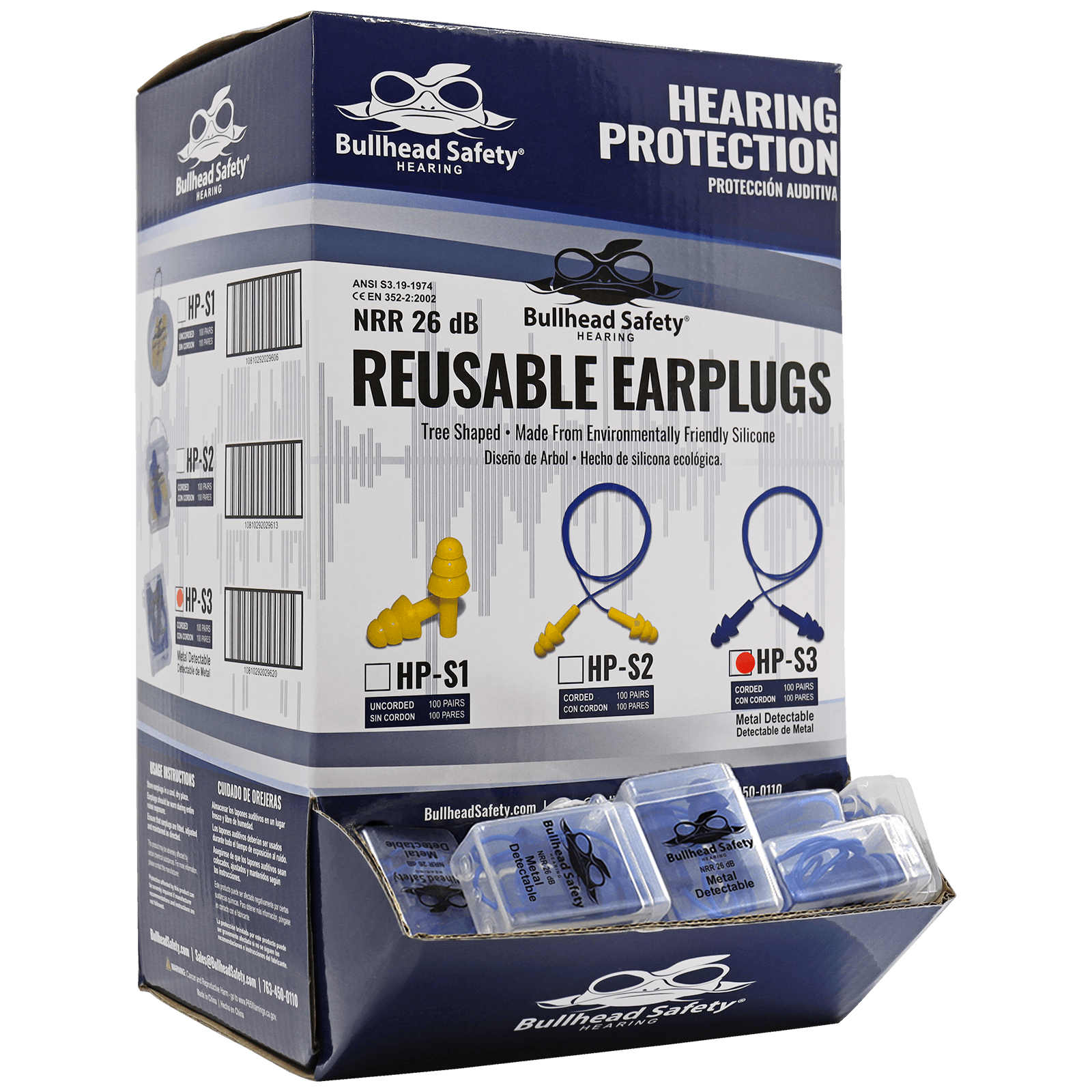 Box of Bullhead Safety® Hearing Protection Corded Metal Detectable Reu ...