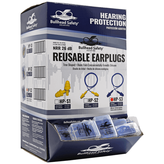 Box of Bullhead Safety® Hearing Protection Corded Metal Detectable Reusable Silicone NRR 26 dB Earplugs - HP-S3
