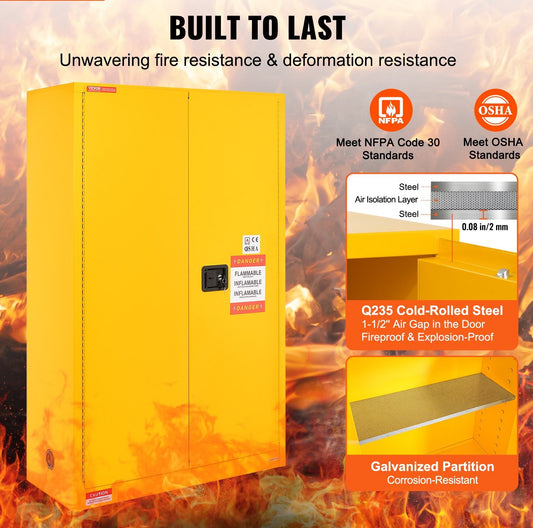 Flammable Safety Cabinet, 45 Gal, Cold-Rolled Steel Flammable Liquid Storage Cabinet, 42.9 x 18.1 x 65.2 in Explosion Proof with 2 Adjustable Shelves 2 Manual Doors for Industrial Use, Yellow