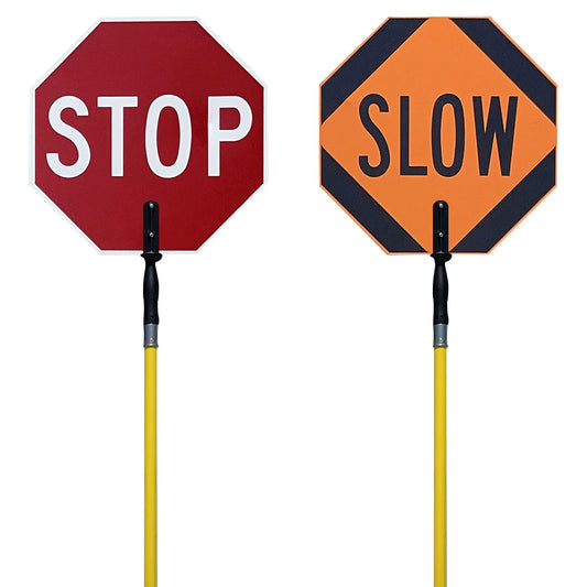 18 x 18 inch Handheld “Stop - Slow” Crossing Guard Paddle with 6 feet Telescopic Pole, Double-Sided, 120 mil Aluminum Composite, 3M Engineer Grade Reflective Material