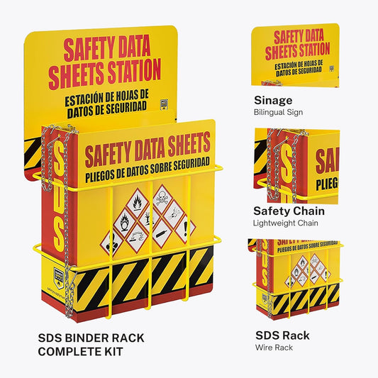 SDS Display Rack -Set with 3 Inch Heavy Duty Ring Binder, Wire Rack, SDS Station Sign, Chain, Mounting Hardware, SDS Poste
