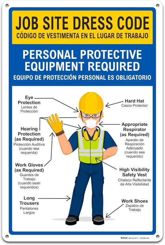 12" x 18" - Bilingual Job Site Dress Code Sign - .055″ Polyethylene Plastic - Bold Text - Easy Installation