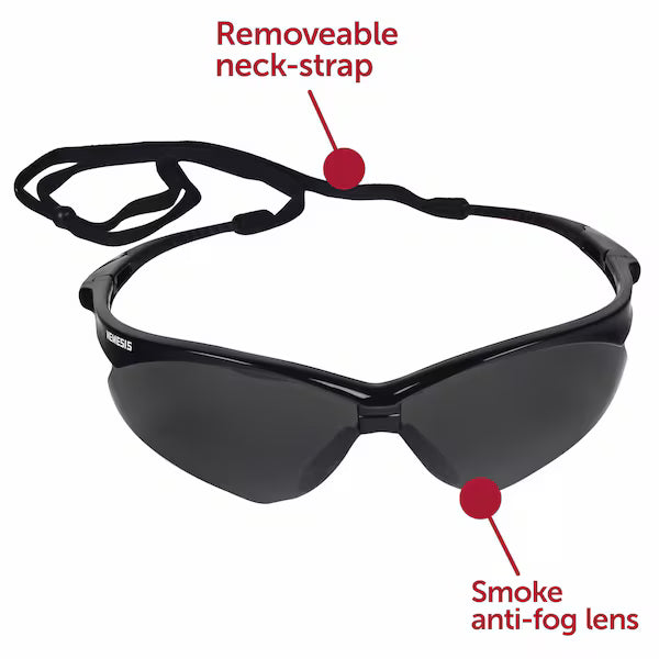 V30 Nemesis Safety Glasses, Anti-Fog & Anti-Scratch, Wraparound, Black Frame, Smoke (Gray) Lens